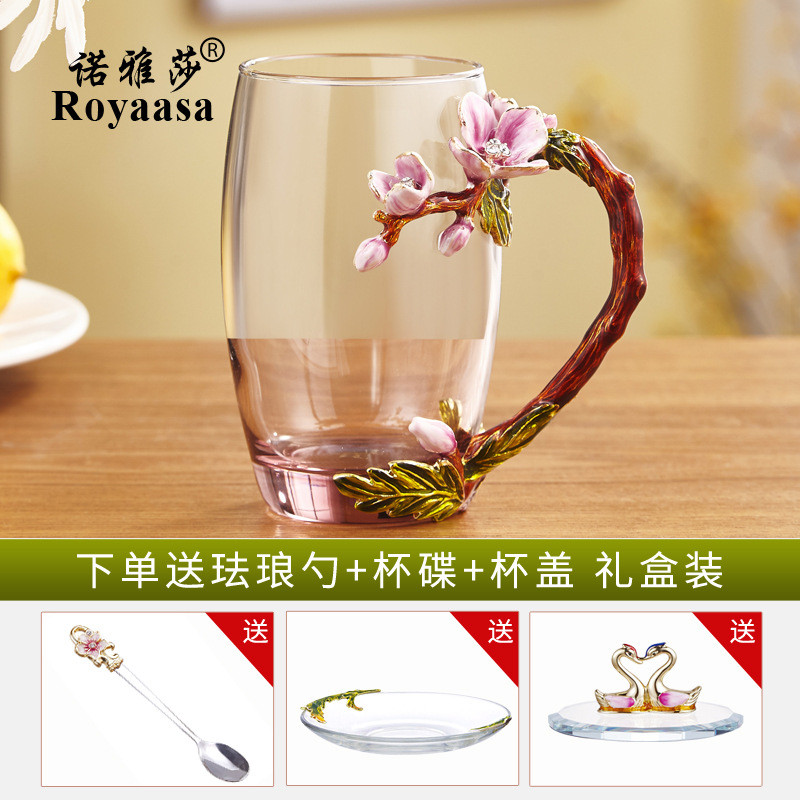 情人节珐琅欧式水杯套装彩带盖耐高温女水杯高颜值简约水晶玻璃