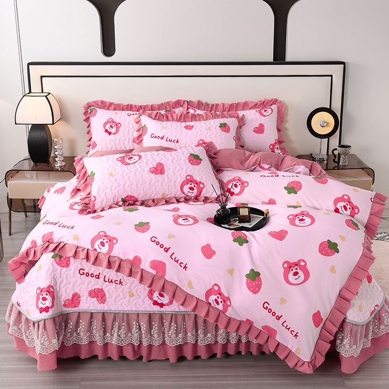 四件套棉床盖夹水洗棉床裙床罩三件套泡泡棉花边被套床上用品