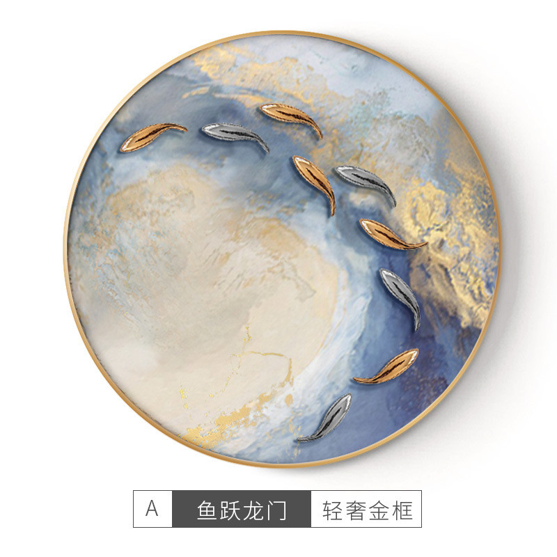 九鱼图手绘油画轻奢玄关装饰画立体圆形肌理画客厅沙发背景墙挂画图片