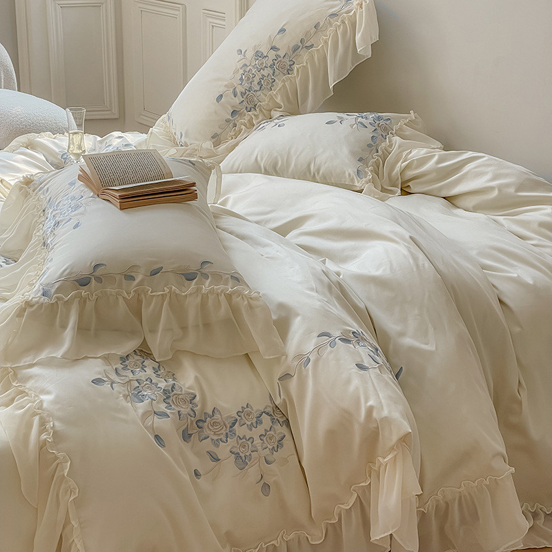 xyt法式公主风100支花边浪漫雪纺长绒棉四件套被套柔软全棉床上用