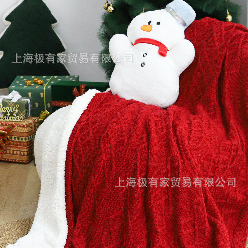 圣诞红粗毛线装饰毯红色新年毛毯节日毯子沙发盖毯床上用毛毯