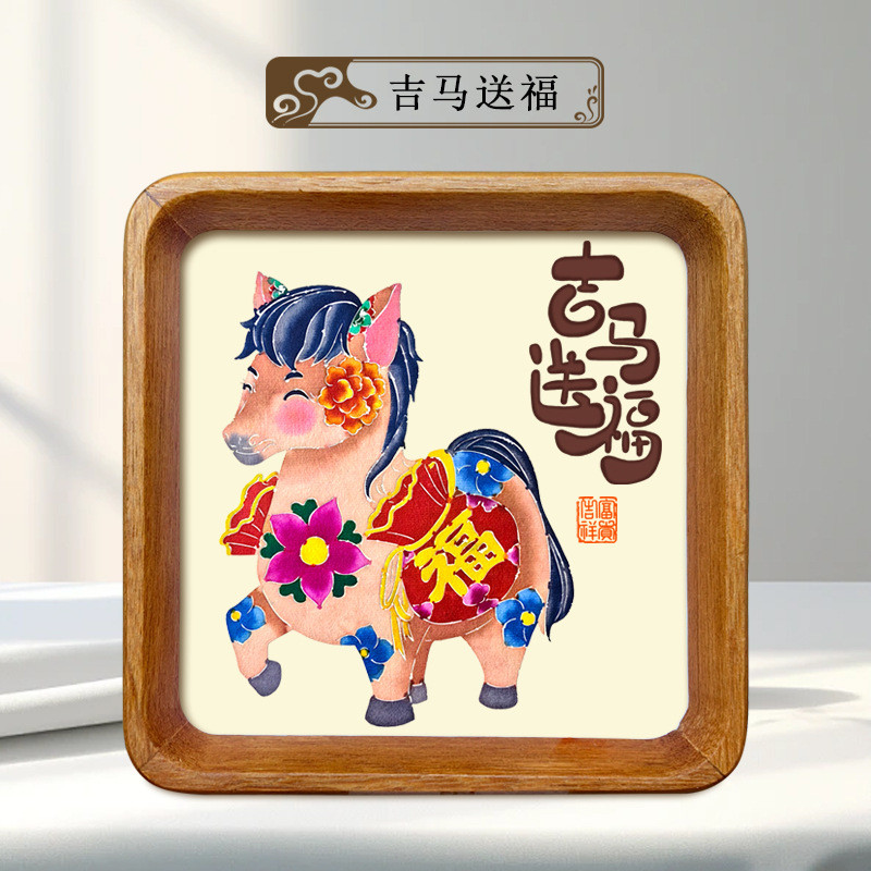 中国风蔚县剪纸作品相框迷你剪纸榫卯实木装饰画成品套色摆件福寿