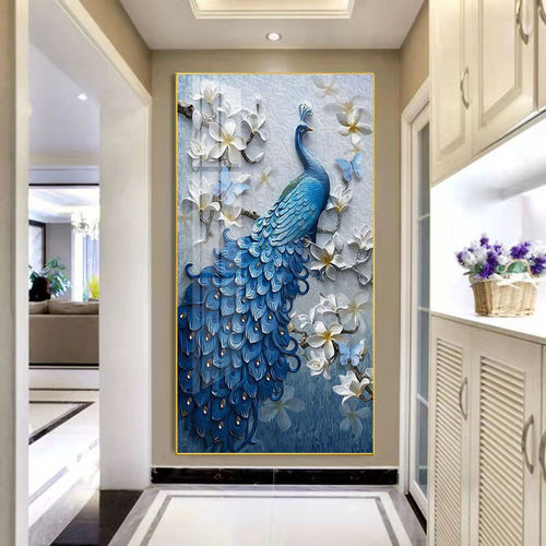 现代走廊过道孔雀玄关装饰画发光竖版挂画入户壁画晶瓷客厅寓意好