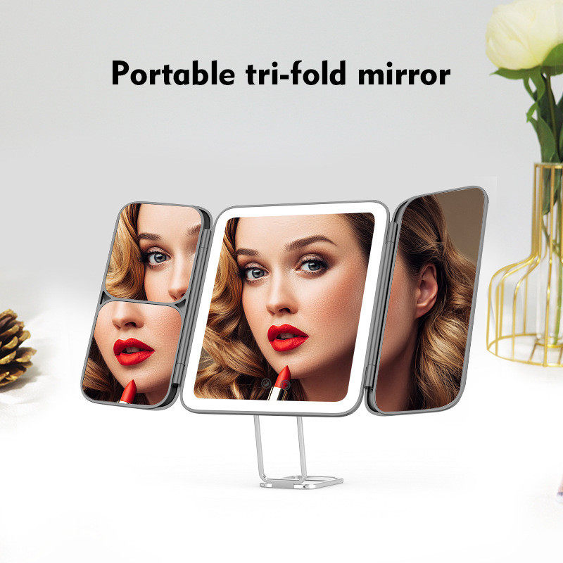 便携三折化妆镜梳妆镜壁挂带灯金属台式led镜子带5x7x放大镜