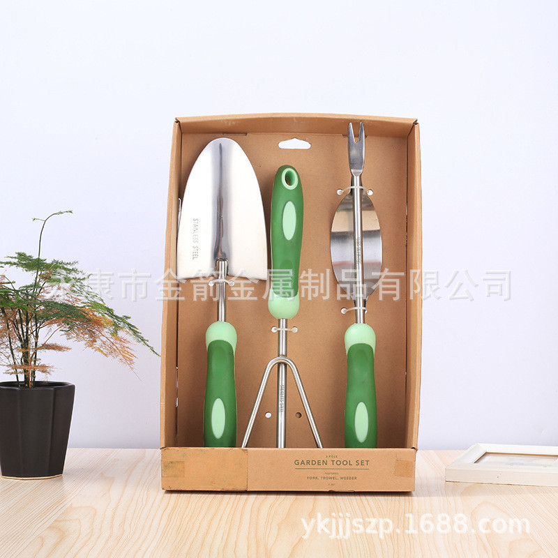 定制儿童园艺工具不锈钢铲子家用齿耙拔草器三件套三园林工具套装