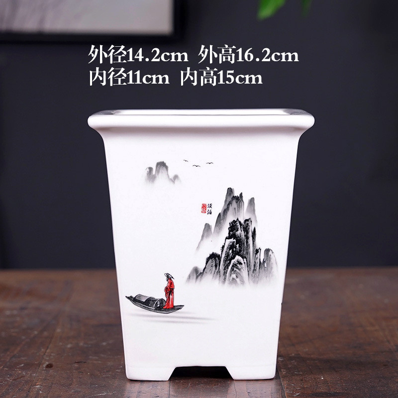 高级感陶瓷花盆高款方形绿植贴画彩绘兰花盆栽盆景盆中国风批发