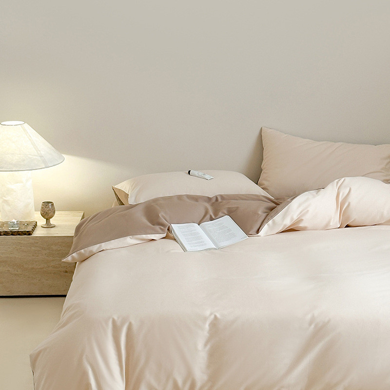 2024秋冬新品100支素色陶瓷轻全棉四件套磨毛纯色双拼撞色床笠