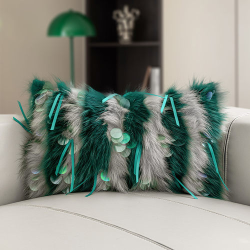 设计师软装抱枕女孩房样板间靠枕绿色狐狸毛腰枕装饰粉公主靠垫套