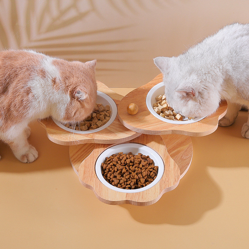 实木猫碗猫食盆喝水猫咪碗高颜值双碗狗碗狗食盆可调节旋转喂食盆