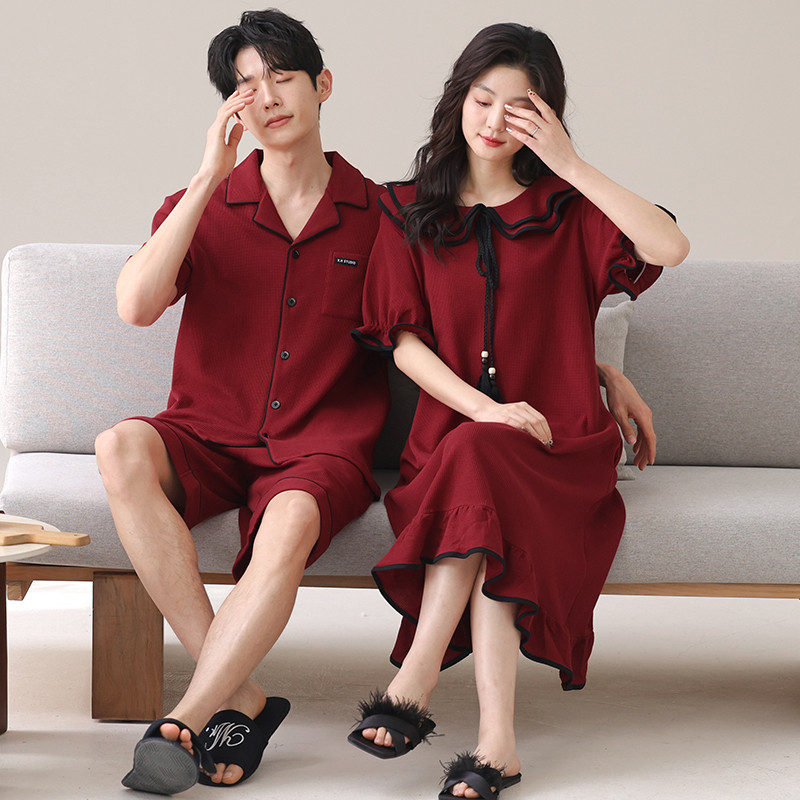 新品2025睡衣情侣女睡裙夏季短袖纯棉公主风结婚新婚家居服红色本
