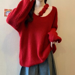 上衣 遮屁股露肩针织衫 感红色慵懒风毛衣女秋冬大码 胖mm中长款