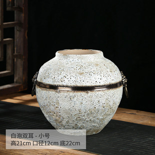 景德镇土化仿古陶瓷花瓶白泡双耳陶罐居家羽餐馆卧室摆件书房