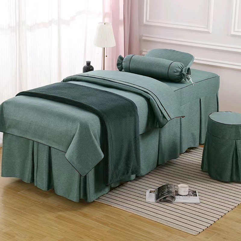 新款美容院高端按摩纯色棉麻美容床罩四件套欧式轻奢简约采耳床套