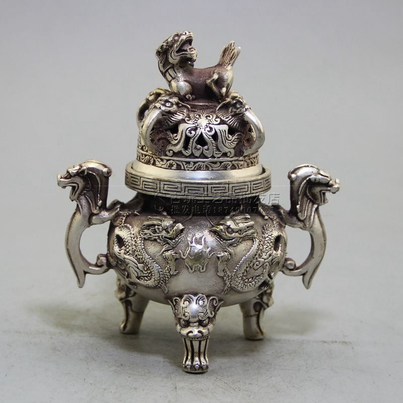 复古做旧古玩工艺品现货厂家铜制做旧铜器白铜双龙戏珠熏香炉摆件