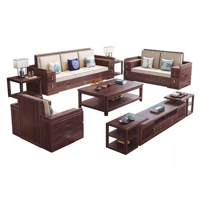 新中式乌金木实木沙发茶几组合大小客厅户型冬夏两用贵妃储物家具