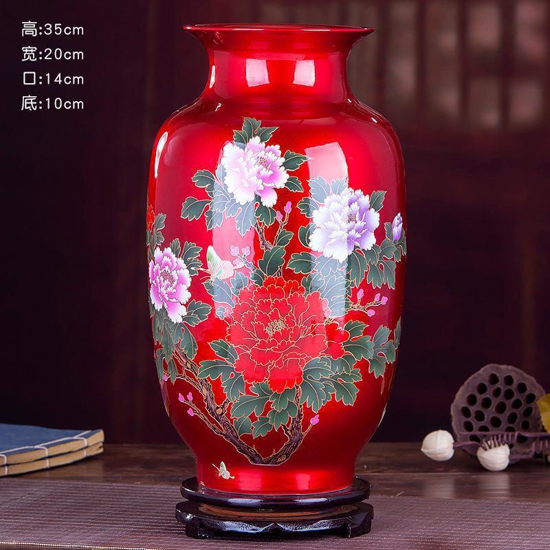 金沙中国红轻奢牡丹赏瓶景德镇水晶釉新中式花开富贵落地大花瓶