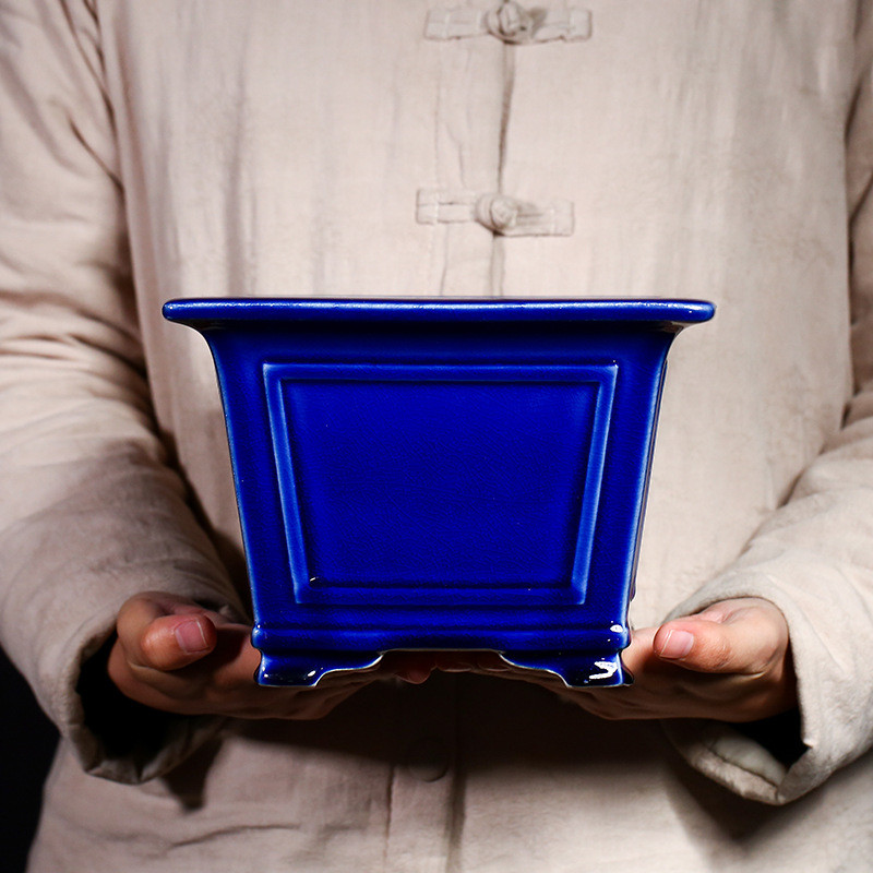 热销批发宜兴紫砂花盆陶蝴蝶兰正方口瓷釉多肉文竹盆简约中号有孔