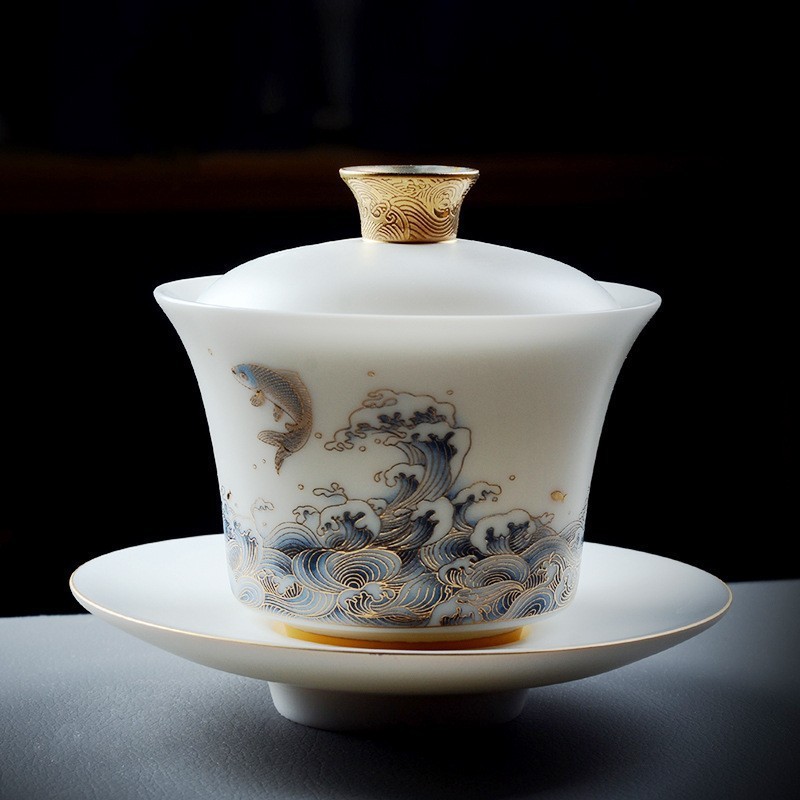 羊脂玉白瓷素烧盖碗茶杯公道杯单个高端陶瓷手工茶具套装茶具配件