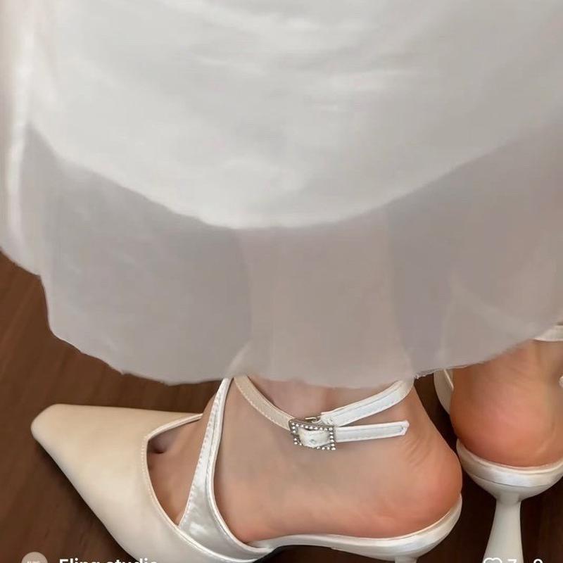 法式绸缎尖头绑带高跟鞋女2025春夏季新款小众包头凉鞋玛丽珍单鞋