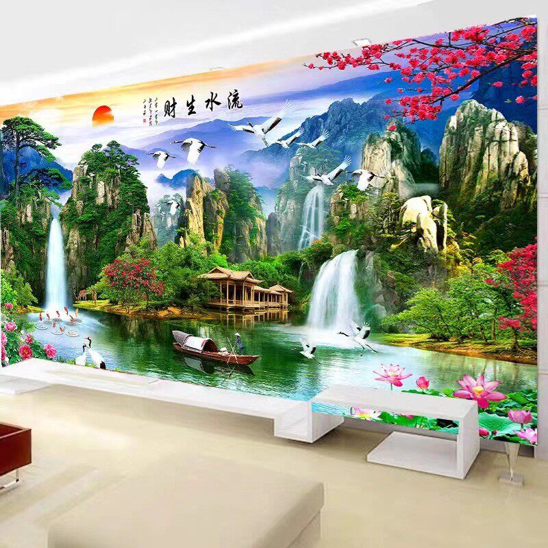 2023生财新款十字绣客厅大幅流水年瀑布现代中国风47色满绣非成品