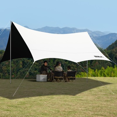 原始人黑胶天幕帐篷户外防风防晒涂银野餐露营装备六角蝶形遮阳棚