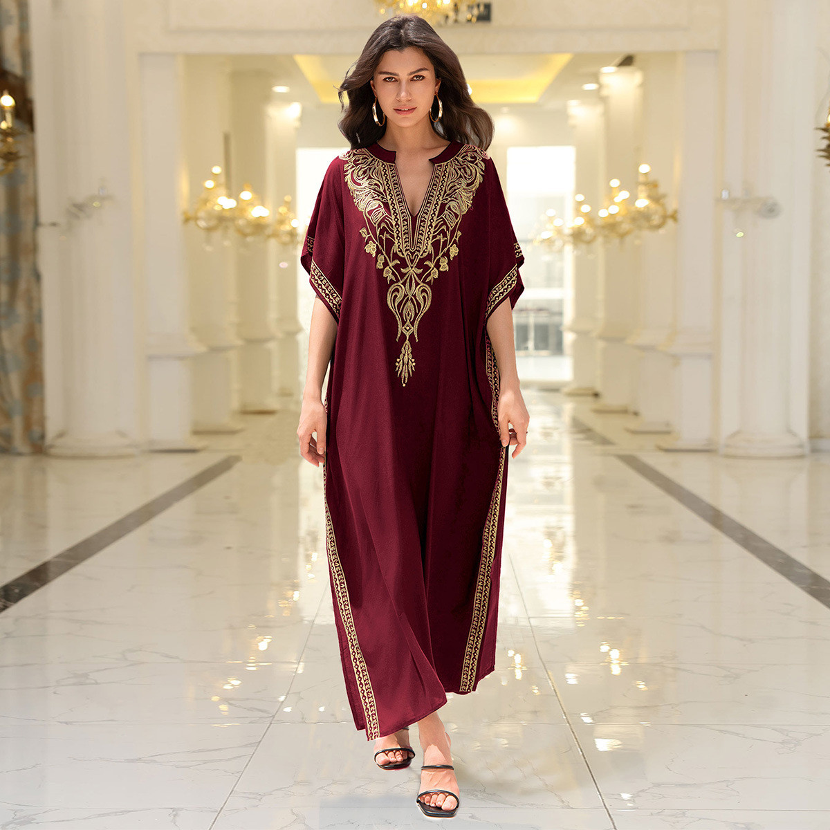 沙滩罩衫人棉金色度假绣花长袍l4041l