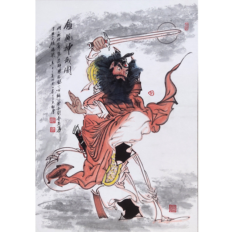 61k3纯手绘钟馗引福农村中堂卷轴朱砂国画人物画像玄关客厅挂画装