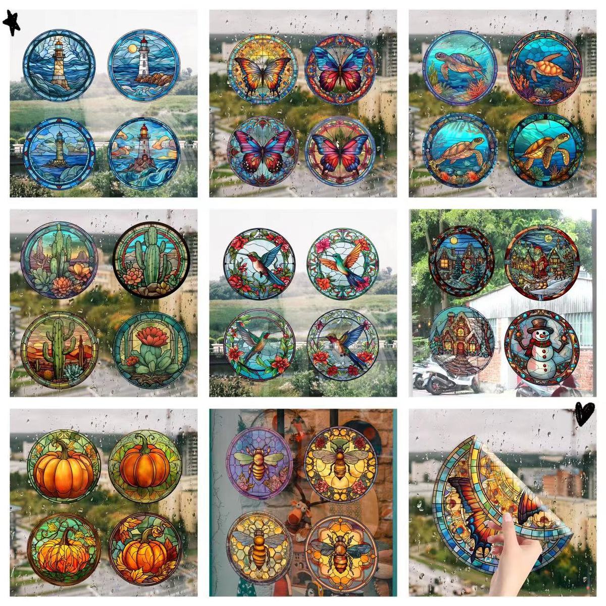 JD130-137彩色航海蝴蝶蜂鸟南瓜PVC静电玻璃贴可移除窗户装饰贴膜