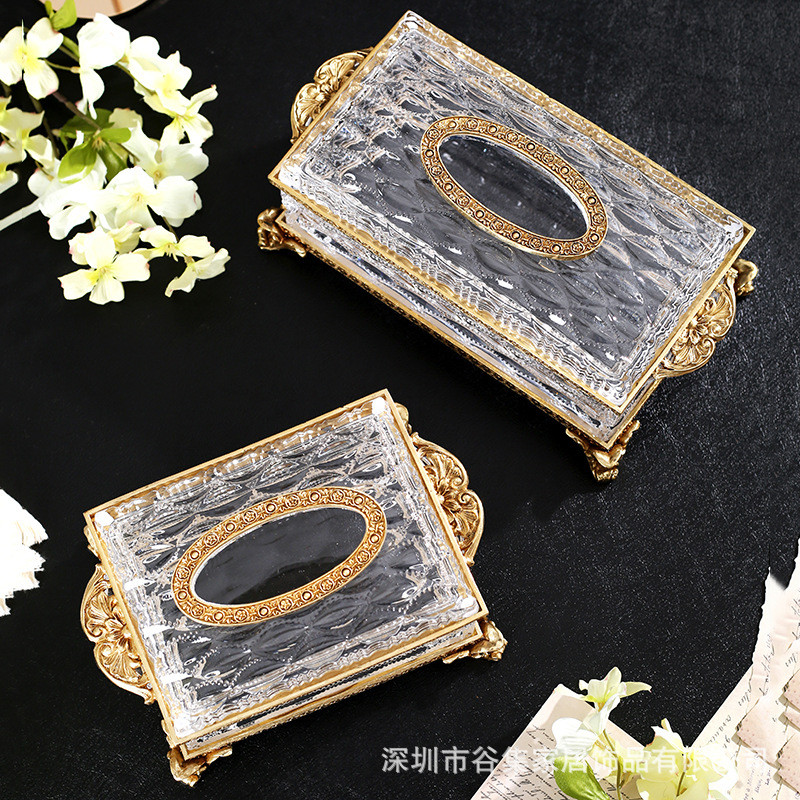 欧式复古黄铜水晶玻璃纸巾盒美式奢茶几小号抽纸盒桌面华大摆件