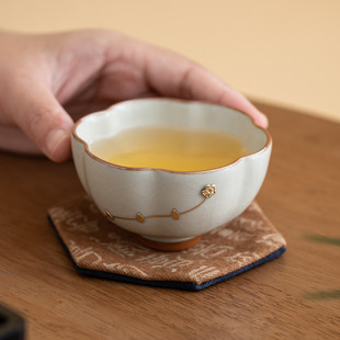 陶瓷品茗杯梅花高足 月白汝窑主人杯手工锔钉工艺轻奢复古新中式