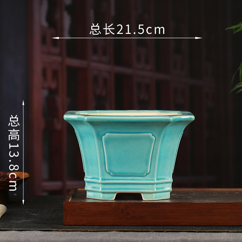 宜兴釉水紫砂花盆复古桌面创意装饰摆件批发六方绿萝多肉盆景yz14