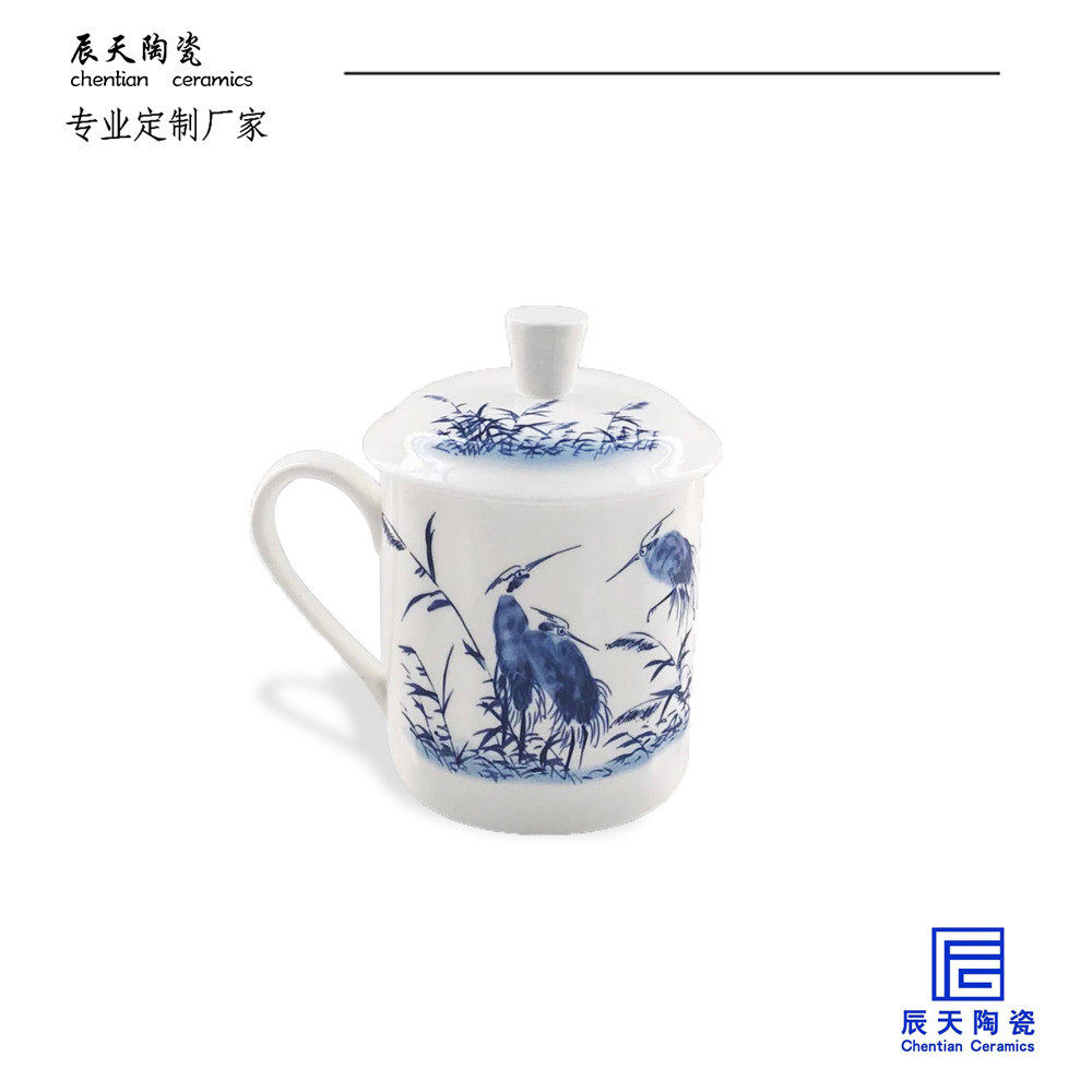 景德镇陶瓷田园风定制葡蝶戏图彩绘茶杯野带盖大容量老干部水杯