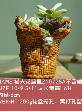 创意可爱小狗小猫咪花盆个性动物卡通简约多肉仙人掌藤编花缸装饰