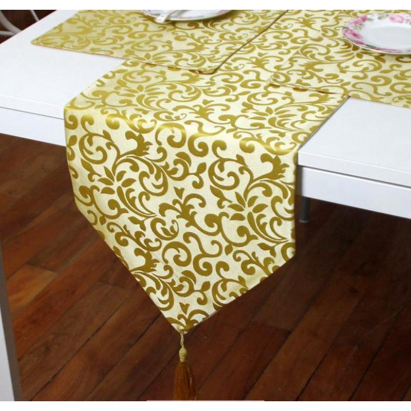 缎面提花凤尾花酒店床旗轻奢茶旗白色长条桌旗桌巾金色