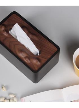胡桃木创意纸巾盒红木紫光檀抽纸盒礼品黑胡桃雕刻恋山木制纸巾盒