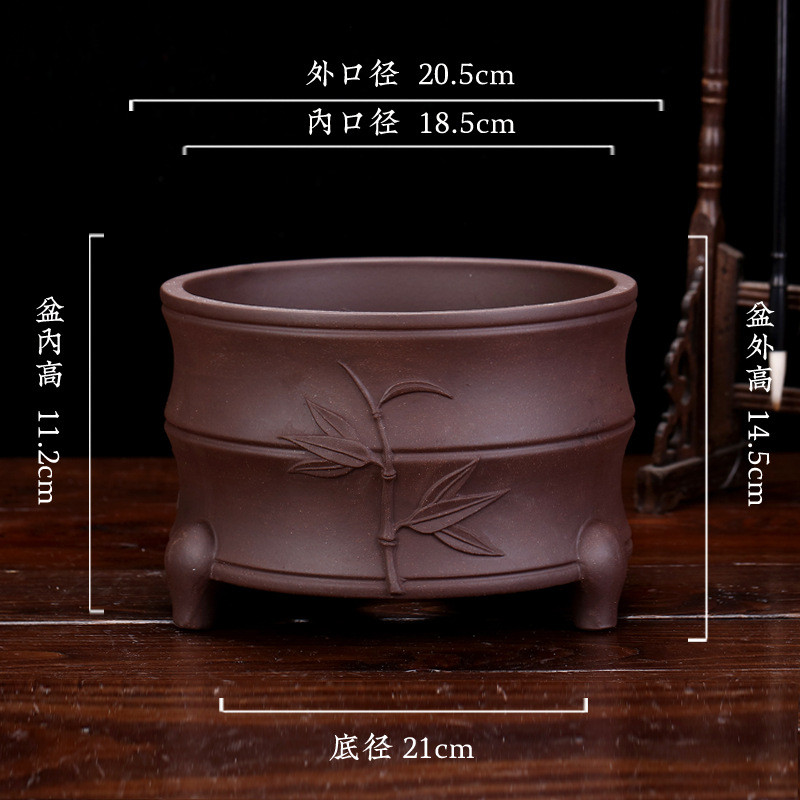 竹节紫砂花盆三足兰花盆君子兰宜兴多肉简约陶瓷透气园艺厂家批发