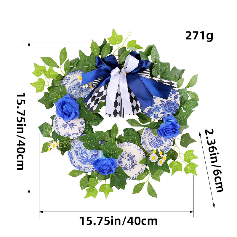 2025新款青花瓷枯枝花环蓝色装饰门花环户外庭院玫瑰挂