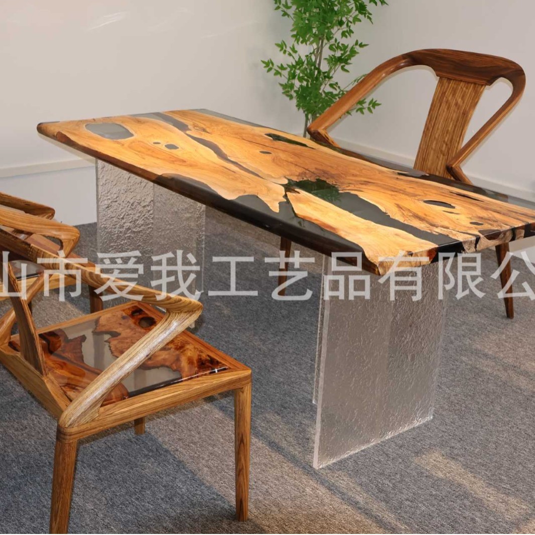 裂黑胡桃冰北美树脂桌大板橄榄木书房大板实木桌原木色北欧餐桌