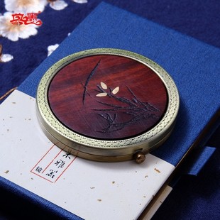 中式复古檀木小镜子紫檀圆形便携女士化妆镜送爱人创意礼品女同事