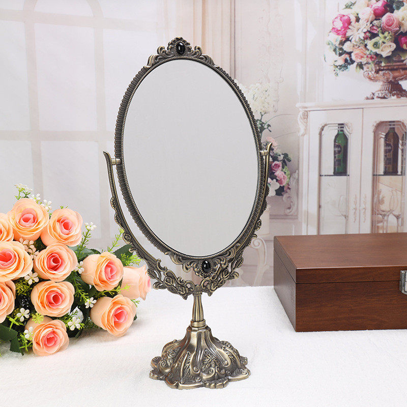 梳妆镜源头欧式复古化妆镜梳妆镜田园金属台式厂家复古双面梳妆镜