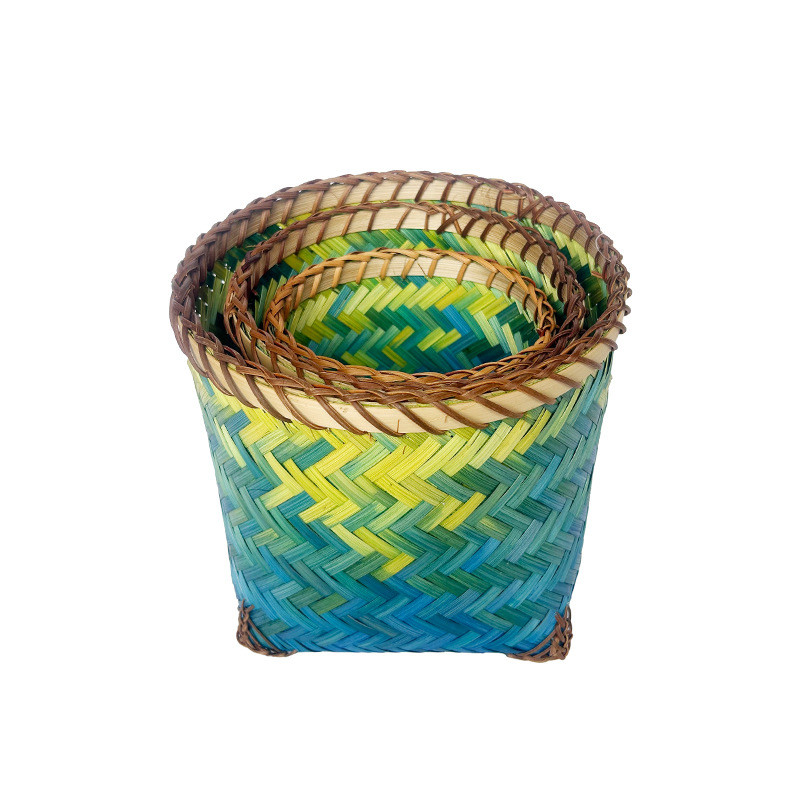 厂家批发冷色系蓝绿色竹篮手工筐编织筐厨房收纳蔬果编织大容量