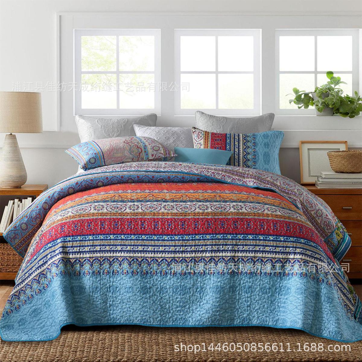 外贸热销货源活性印染磨毛绗缝床盖|波西米亚涤棉套件