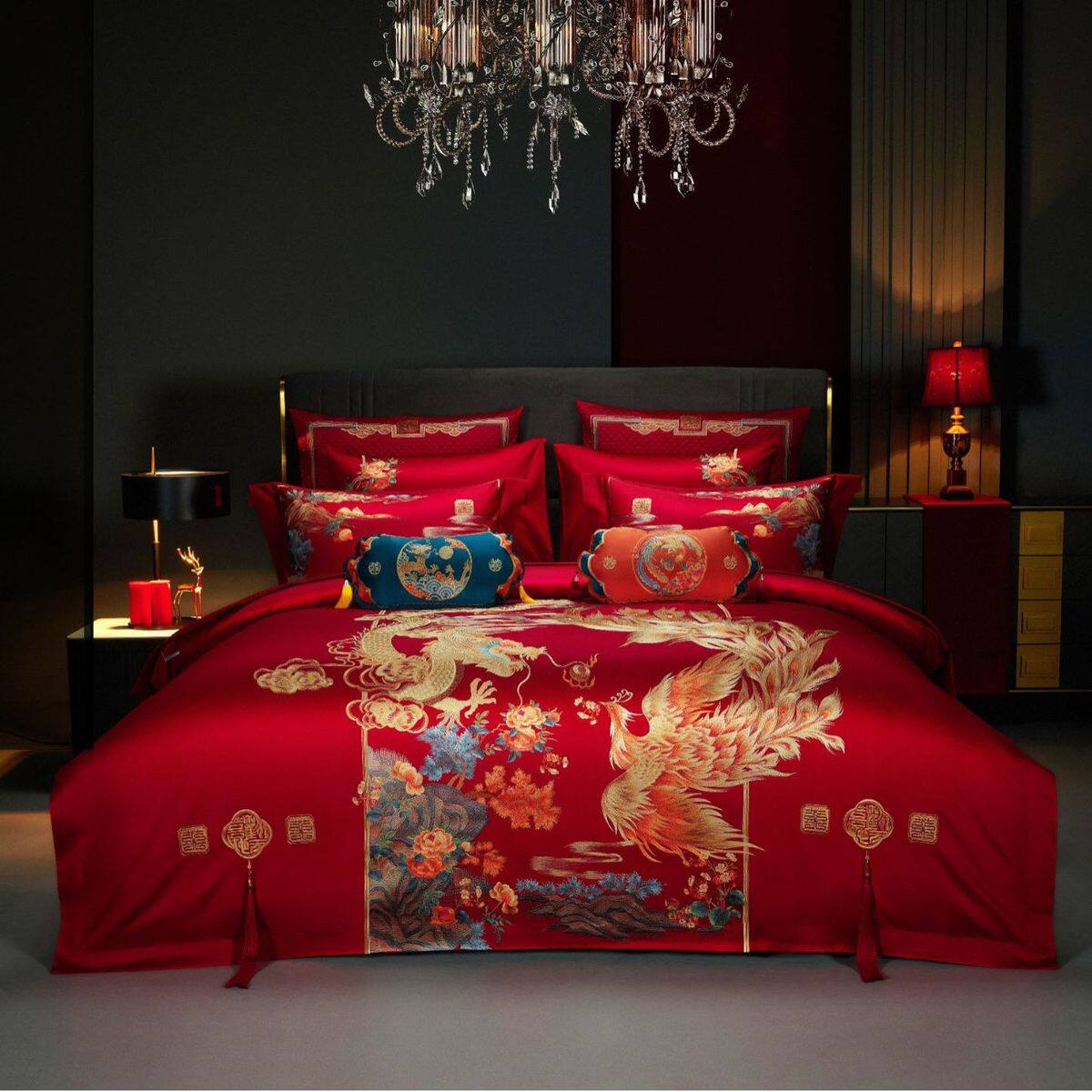 婚庆家纺红色四件套100支长绒棉十刺绣件套结婚床上用品陪嫁
