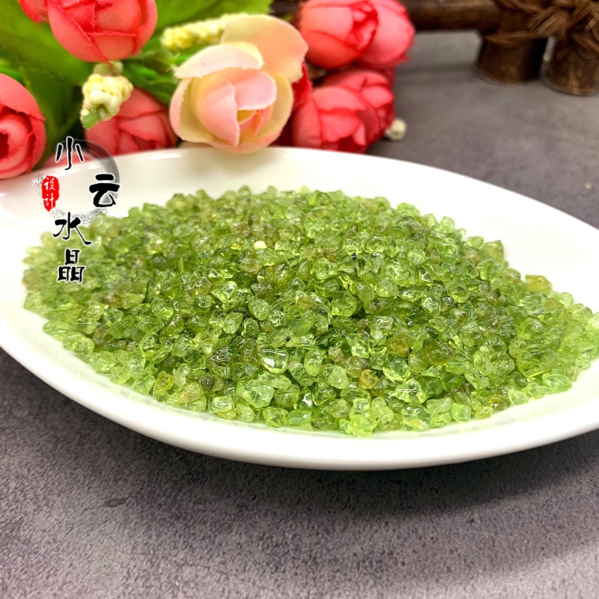 天然橄榄石碎石 水晶碎石摆件供佛厂家直销批发图片