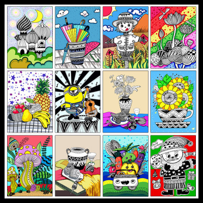 少儿美术创意彩色线描画临摹卡马克笔绘画儿童画重彩铅画室临摹卡