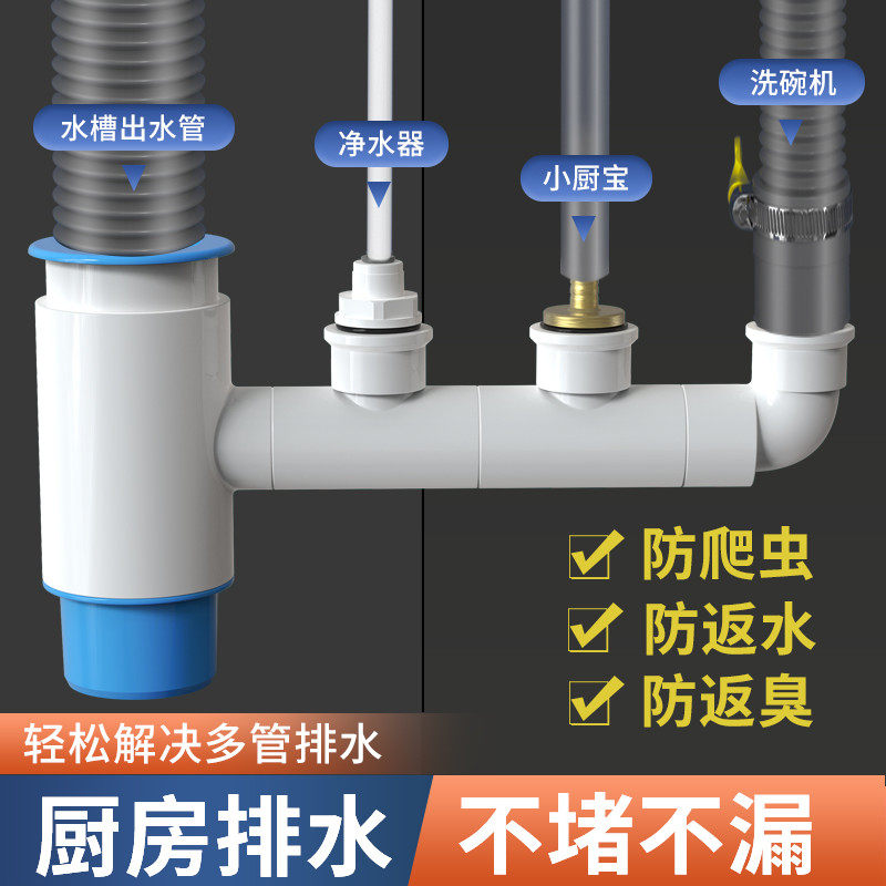 厨房水槽洗碗机净水器下水管道小厨宝洗衣机排水管二合一接头三通