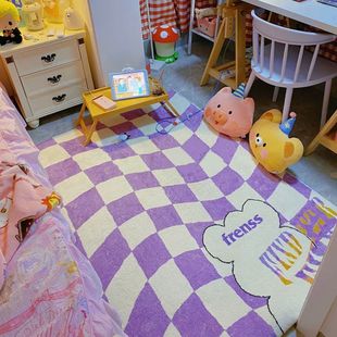 棋盘格子ins风大地毯客厅卧室地垫毛绒彩色格子高级轻奢感
