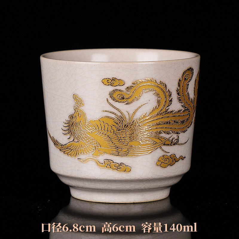 汝窑茶杯主人杯单杯手绘描金龙凤对杯冰裂开片可养纯陶瓷功夫茶具