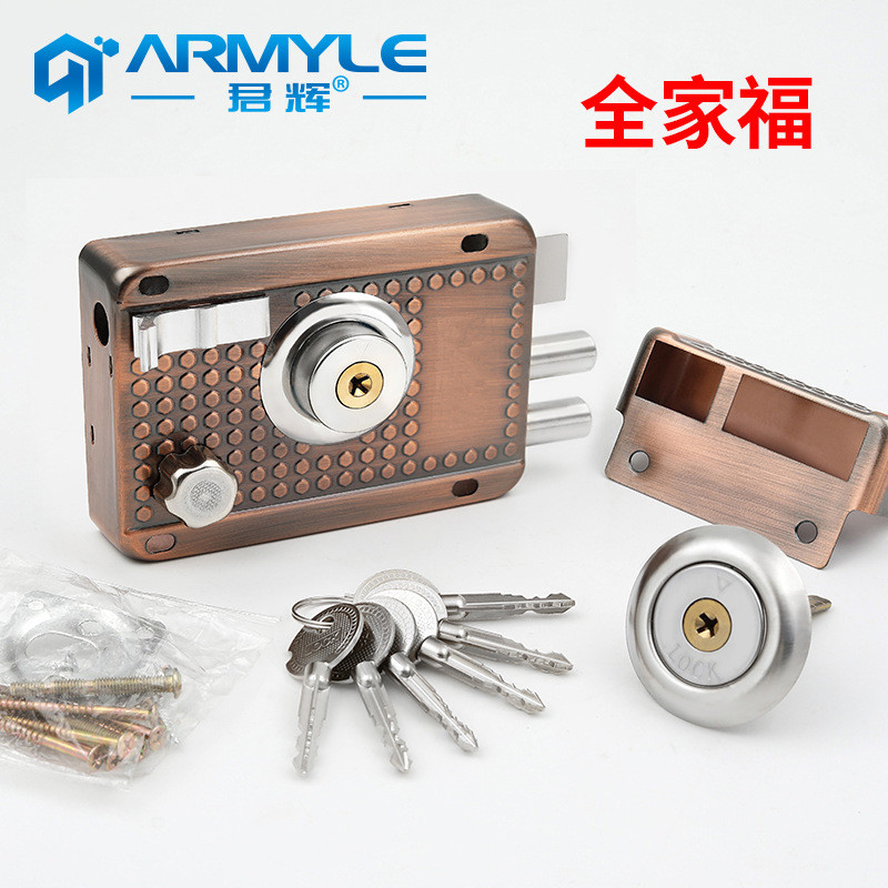 批发室内室外老式外装防盗门锁木门古铜铁门红车库门三保险锁十字