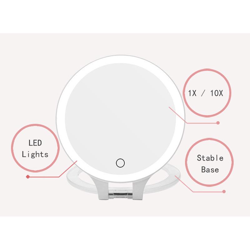 新款10倍放大三色灯双面发光随身便携折叠led化妆镜镜子带灯